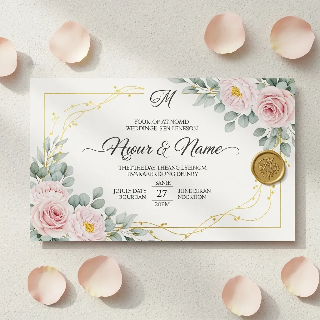 Romantisk bryllupskort med gullakcenter